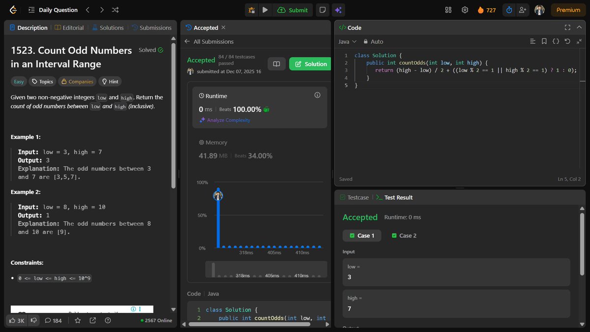 Kartscode's tweet image. 🇮🇳🔹 LeetCode Daily Challenge
📘 LC No.: 1523
💡 Approach: No Loop Math Hack (O(1))
🔥 Day 727 Streak 💪 
❤️ Like | 🔍 Follow @Kartscode
#LeetCode #Java #ProblemSolving #DailyChallenge #TechStudent #CodingJourney #BuildInPublic #DSAWithJava #DSA