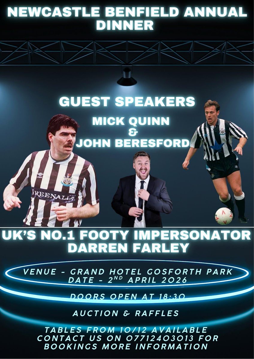 ANNUAL BENFIELD DINNER! 

What a lineup we have for you this year! 

Two former Newcastle Legends, Check✅
UK’S NO.1 football impressionist, Check✅

Will he do an impression of our club chairman? Come to find out👀

Contact the number below to get your table booked. It would be