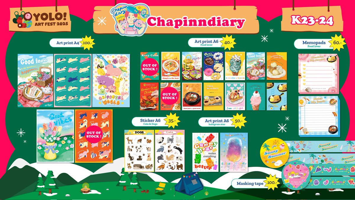 เปิดรอบออนไลน์ #YOLOARTFEST2025
⚠️ carabiner ผีเสื้อ หมด!
⚠️ sticker dicut โกลเด้น หมด!
⚠️ Poster A4 น้องหมา /Art print a6 แซลม่อน,มันบด หมด!
สั่งทัก Dm หรือ line my shop / friendii น้า
⏰️ระยะเวลา 07.12.25 - 25.12.25 
💚 shop.line.me/@211baclo
💛friendii.art/chapinndiary/s…