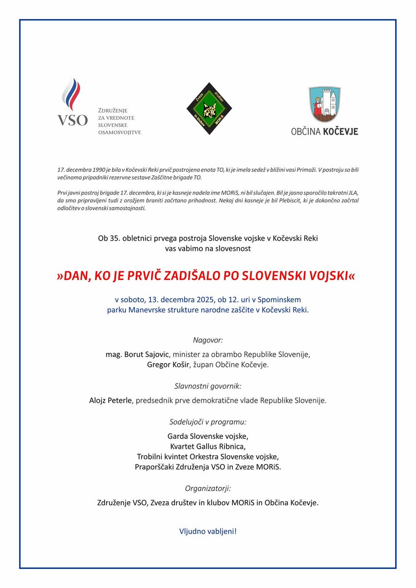 Vljudno vabljeni na slovesnost ob 35.  obletnico prvega postroja Slovenske vojske v Kočevski Reki.
