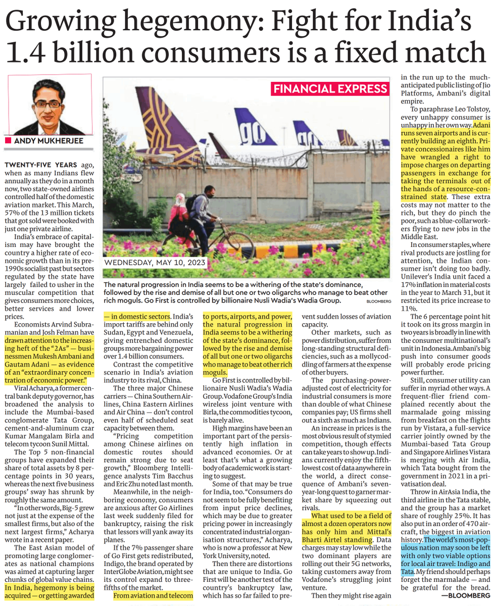 From May 10, 2023: "From aviation and telecom, to ports, airports, and power, the natural progression in India seems to be a withering of the state’s dominance, followed by the rise and demise of all but one or two oligarchs who manage to beat other rich moguls. In India,
