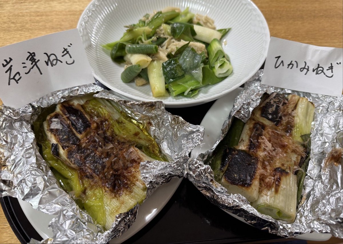 本日は少し身体を動かし、リフレッシュできました。今夜は、“岩津ねぎ”と“ひかみねぎ”のホイル焼きを作りました。オリーブオイルと赤穂塩をまとわせ、グリルへ。岩津ねぎは口の中でとろりとほどけ、甘みが広がります。ひかみねぎはシャキッと心地よい歯ごたえ。余った岩津ねぎはバター醤油炒めで仕上げ