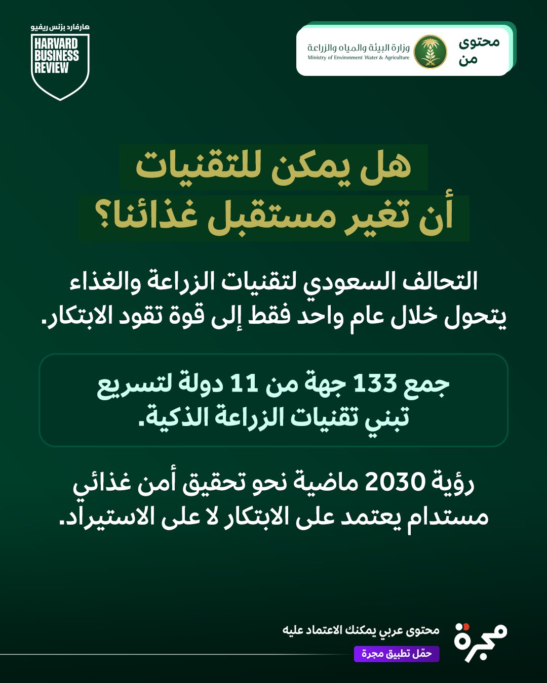 محتوى من وزارة البيئة والمياه والزراعة السعودية: التحالف السعودي لتقنيات الزراعة والغذاء يتحول خلال عام واحد فقط إلى قوة تقود الابتكار.. لا تفوّت التفاصيل في المقال 