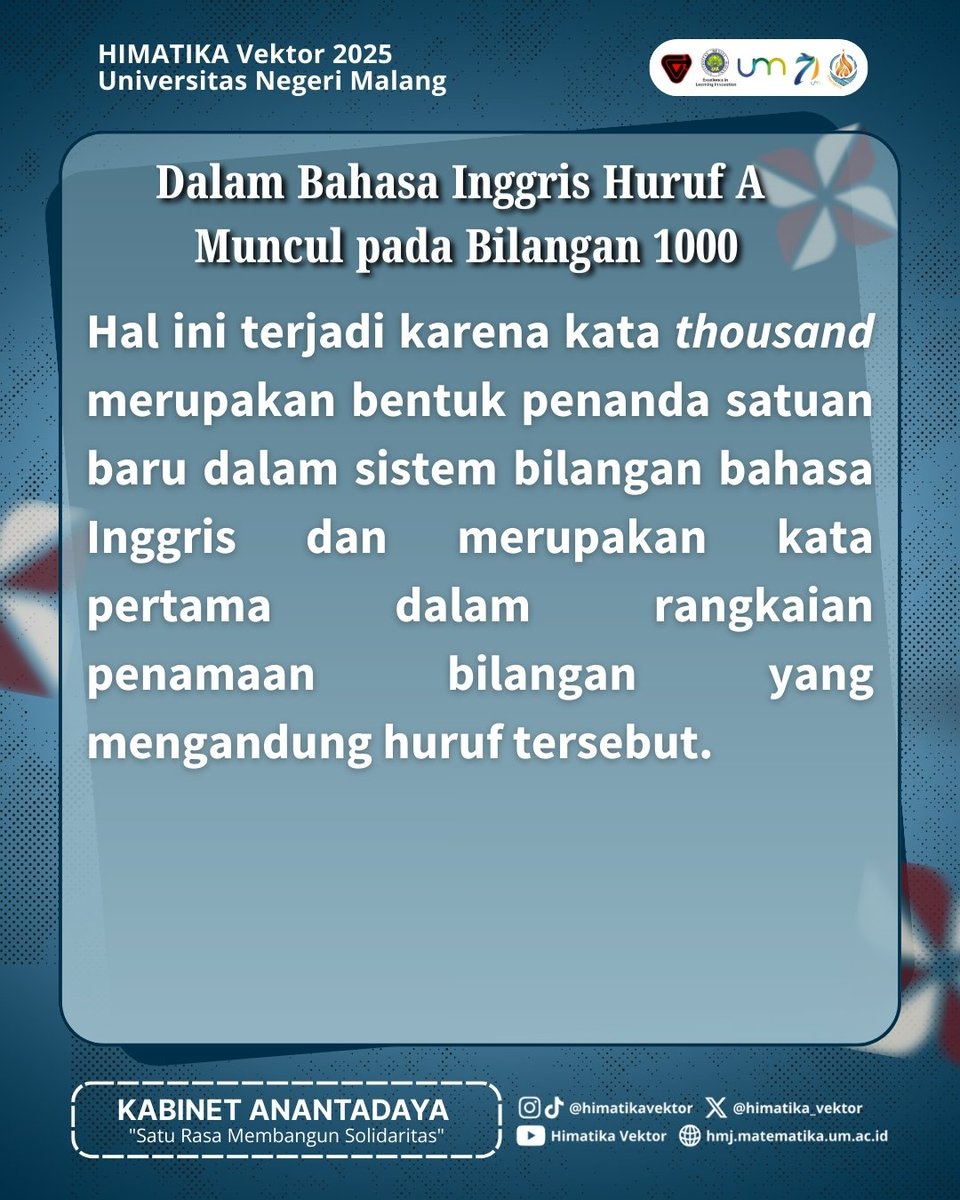 himatika_vektor's tweet photo. [[ 𝐌𝐀𝐓𝐇𝐅𝐀𝐂𝐓 𝑬𝑷𝑰𝑺𝑶𝑫𝑬 𝟏𝟓 ]]

Halo Sobat Vektor 👋

Tahukah Kamu?

Huruf A baru muncul saat kita menyebut angka 1000, yaitu “𝘰𝘯𝘦 𝘵𝘩𝘰𝘶𝘴𝘢𝘯𝘥”.

#MATHFACT
#HIMATIKAVektor
#HIMATIKAVektor2025
#UniversitasNegeriMalang https://t.co/H7tcNnCzUK