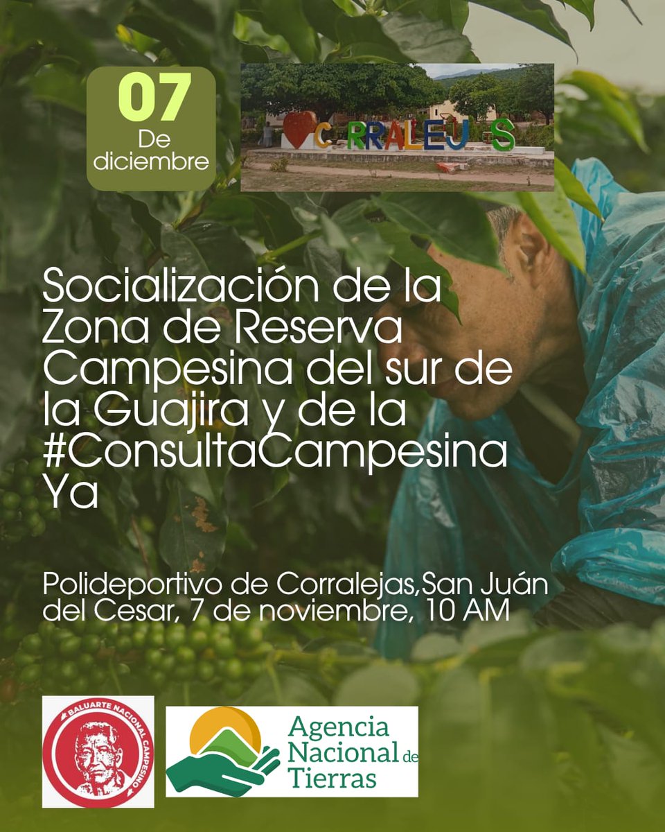 La socialización de la  Zona de Reserva Campesina del sur de LaGuajira y de la #ConsultaCampesinaYa continúa hoy en Corralejas,San Juan del Cesar.Con delegados de las veredas:Paloquemao,Comodín,El Pantano,Boca del Monte,Cañaverales,El Tablazo y Los Pozos.10 AM,en el Polideportivo