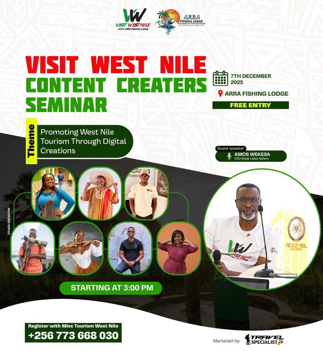 #VisitWestNile Content Creators Seminar is happening TODAY.

Don't miss this massive opportunity to learn how to promote West Nile Tourism through digital creations.

Special Guest Speaker: Legendary <a href="/wekesa_amos/">Amos Wekesa</a>

Today, 3:00 PM | <a href="/arralodges/">Arra Fishing Lodge</a> | FREE ENTRY, just show up.