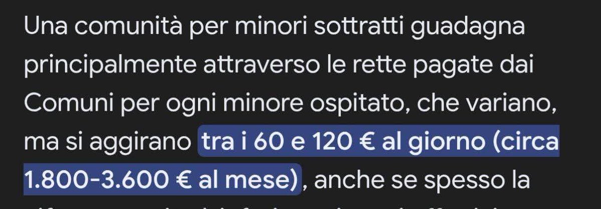 Ma quindi il problema
non era la casa? No? 

Altri 10 giorni... Quanto guadagna al giorno su quei 3 bimbi la comunità in cui li hanno messi? 

Stando ai dati guadagnano tra 60 e 120 euro al giorno a bimbo, vogliamo fare una via di mezzo? 

Diciamo che prendono 90 euro a bambino