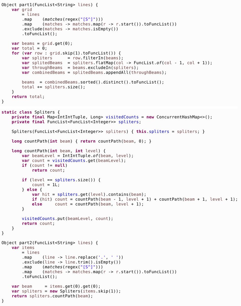 I've completed "Laboratories" - Day 7 - Advent of Code 2025 adventofcode.com/2025/day/7 #AdventOfCode 

Part 1: Compare position of beams from above levels and the splitters.
Part 2: DFS + memoization.

GitHub: github.com/NawaMan/AoC-20…