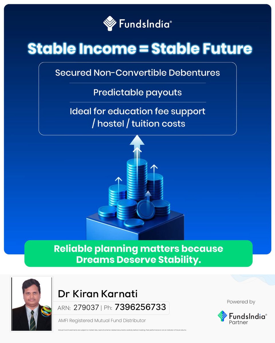 KKarnati73954's tweet image. Stable Income = Stable Future
Reliable planning matters because Dreams Deserve Stability.
#NCDs #RegularIncome #FundsIndiaPartner #OneStopSolution