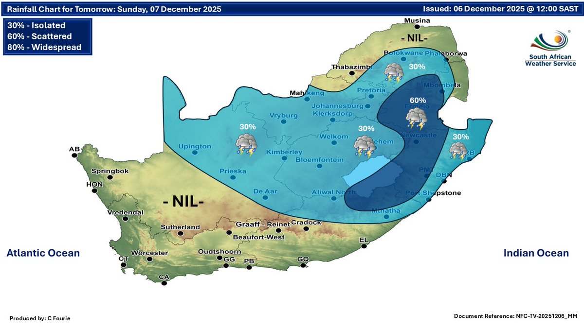 GovernmentZA's tweet image. 🌦️ Good Morning Mzansi 

Weather | 7 Dec
Partly cloudy and cool to warm in central and eastern areas, with isolated to scattered afternoon thunderstorms. Elsewhere, fine and warm to hot ,very hot in places.

#SAWeather #GovZAUpdates