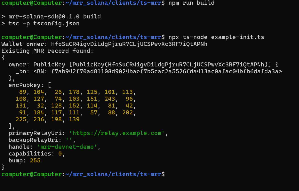 _R3KT__'s tweet photo. MRR for Solana is live.

Clone → build → init/read your Message Routing Record on devnet.

https://t.co/vWr670nIQ9

@solana_devs

Screenshot: running example-init.ts prints the MRR record for your wallet on devnet. https://t.co/7qduefz4Fb