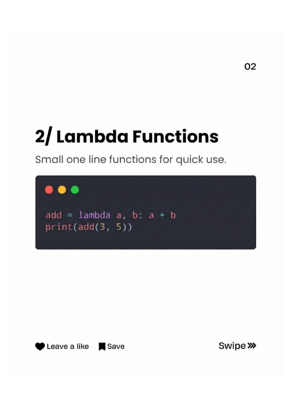 Blockhacks's tweet image. Need a function now, not later?

Use Lambda for small, anonymous functions on the fly. Perfect for simple operations where a full def setup is overkill. (3/6👇)

Code: add = lambda a, b: a+b print(add(3,5))