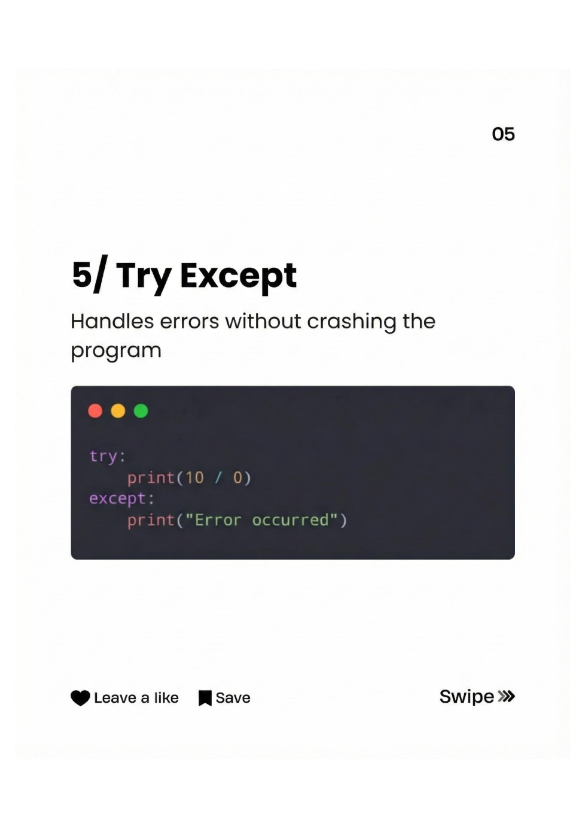 Blockhacks's tweet image. 5. Try Except

Real applications don&apos;t crash when a user makes a mistake. They handle it.

Use this block to catch errors (like dividing by zero) and keep the program running smoothly.

Code: try:  print(10 / 0) except:  print(&quot;Error occurred&quot;)
