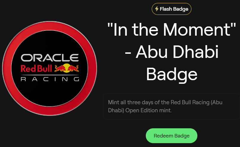 Another <a href="/AbstractChain/">Abstract</a> badge acquired! ❇️

A collaboration with <a href="/Gate/">Gate</a> and <a href="/redbullracing/">Oracle Red Bull Racing</a>  

Awarded to those who mint all 3 days of the Red Bull Racing (Abu Dhabi) Open Edition mint.

You have approximately 16 hours left to get this. Don't miss out.
