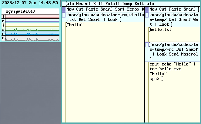 ShannAurelle's tweet image. I'm finally back and I made my first try into tee, a UNIX program I recently learned while reading some posts here at X. #Plan9 #9front 🥰

1/