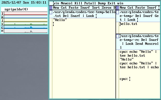ShannAurelle's tweet image. Tee is useful for saving states, especially in pipelines. It is also like a sink, so you can use it to clear standard input. In this picture below, the second echo program won't receive "Hello" since tee saved the output to a file, leaving standard input empty. #Plan9 #9front