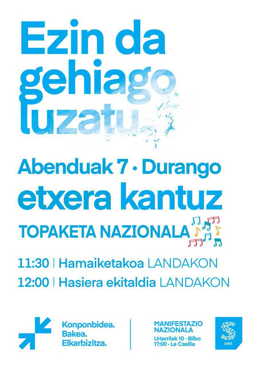 🗣️GAUR!!!

#EzinDaGehiagoLuzatu 

#Etxera Kantuz Topaketa nazionala‼️

🗓Abenduak 7 · igandea 

📌Durango, Landako gunean

· 11:30 · Hamaiketakoa

· 12:00 · EKITALDIA eta Kantuz topaketaren hasiera.