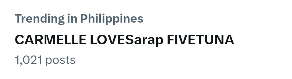 [ 𝗪𝗘 𝗔𝗥𝗘 𝗧𝗥𝗘𝗡𝗗𝗜𝗡𝗚 ]

Umaapaw ang pagmamahal natin ngayon; kaya akyat na natin ito sa rank thirty trendlist.

CARMELLE LOVESarap FIVETUNA 

#CarmelleCollado | #Carmellites