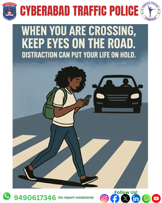 CYBTRAFFIC's tweet photo. “When you are crossing, keep your eyes on the road —
One second of distraction can change everything.

#cyberabadtrafficpolice #roadsafety #dontdistract #trafficawareness #stayalert #safelife #keepyoureyesonroad #crosscarefully https://t.co/HEbAKwqDD6