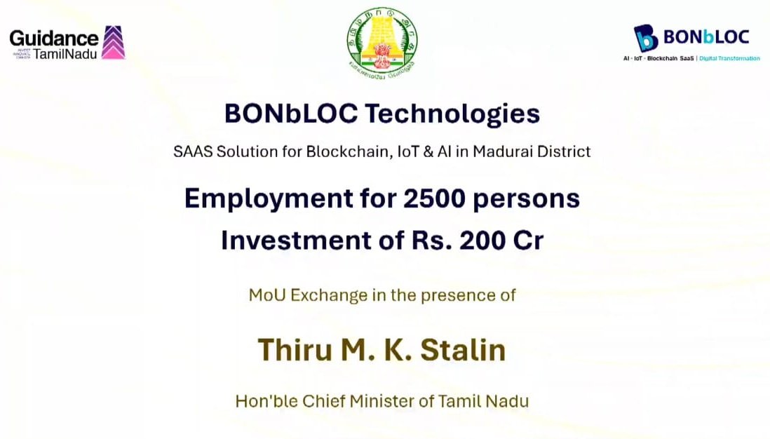 midmadurai's tweet image. BONbLOC Techologies - SAAS Solution for Blockchain, IoT &amp;amp; AI to invest ₹200 Crores in Madurai, employing 2500 persons in artificial intelligence related jobs. 

#Madurai
#tnrising