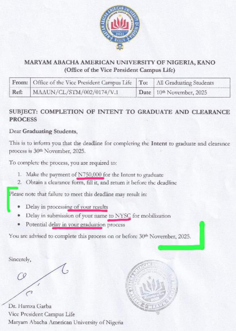 Charging an additional N750k for graduation is outrageous. This is crazy! it’s pure extortion. MAUUN management really needs to address this. I’ve never seen anything like it in any private university in Nigeria.
