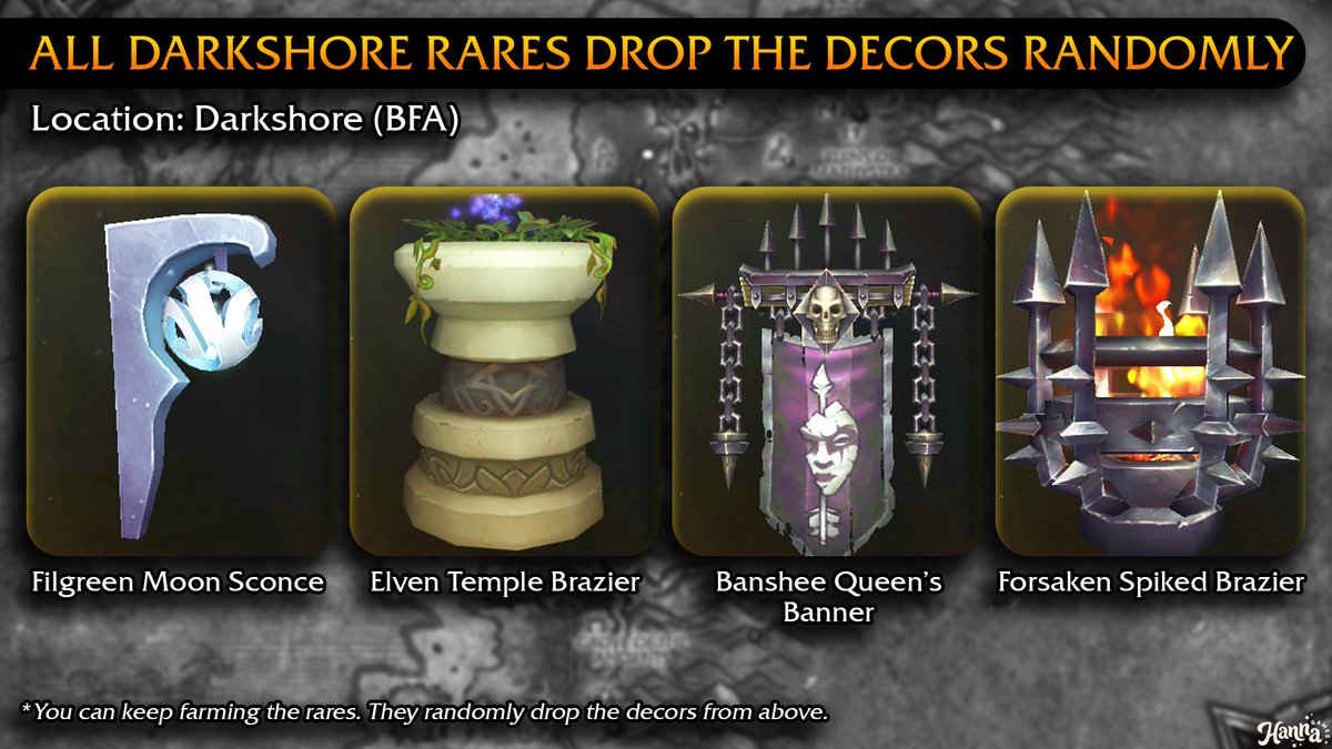 MsYaniG's tweet image. UPDATE: 𝗔𝗟𝗟 𝗗𝗔𝗥𝗞𝗦𝗛𝗢𝗥𝗘 𝗥𝗔𝗥𝗘𝗦 drop 𝙃𝙤𝙪𝙨𝙞𝙣𝙜 𝘿𝙚𝙘𝙤𝙧𝙨! 😊

After further farming with my hubby, we found out that:

🔹 All Darkshore rares drop the decors randomly
🔹 𝗬𝗢𝗨 𝗖𝗔𝗡 𝗞𝗘𝗘𝗣 𝗙𝗔𝗥𝗠𝗜𝗡𝗚 𝗧𝗛𝗘 𝗥𝗔𝗥𝗘𝗦! 👌

#Warcraft #wowhousing