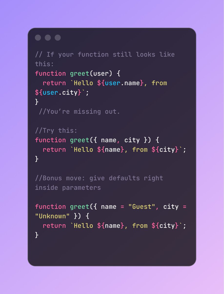 IamMadhanMohan's tweet image. JavaScript Tip: 
Destructure Smartly, It Makes Your Code Instantly Cleaner