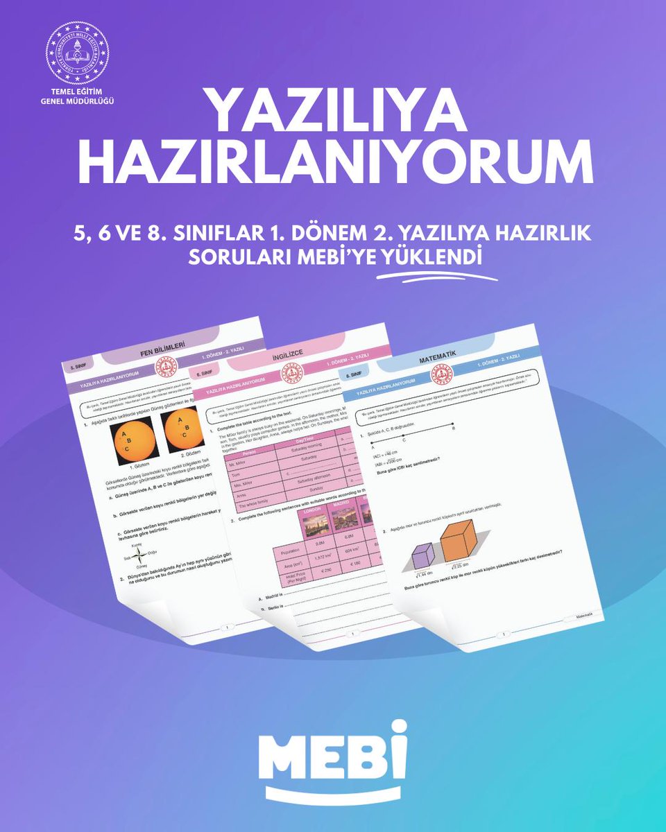 MEBİ ile Yazılılara Hazırlanıyorum

📚5. 6. ve 8. sınıflar 1. dönem 2. yazılılarına hazırlık soruları
MEBİ'ye yüklendi.✨
Hazırlıklarını hemen başlat!✏️

mebi.meb.gov.tr💻

<a href="/tcmeb/">Millî Eğitim Bakanlığı</a>
<a href="/Yusuf__Tekin/">Yusuf Tekin</a>
<a href="/farukyelkenci/">Ömer Faruk Yelkenci</a>
<a href="/ebubekirsavasci/">Ebubekir Sıddık Savaşçı</a>