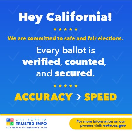theccpulse's tweet photo. Counting and verifying votes takes time! And in California, we value accuracy over speed.

General Information: https://t.co/5lMcfA3WAu 

#CATrustedInfo2025
#CATrustedInfo2025 https://t.co/Rs1hr7J6li