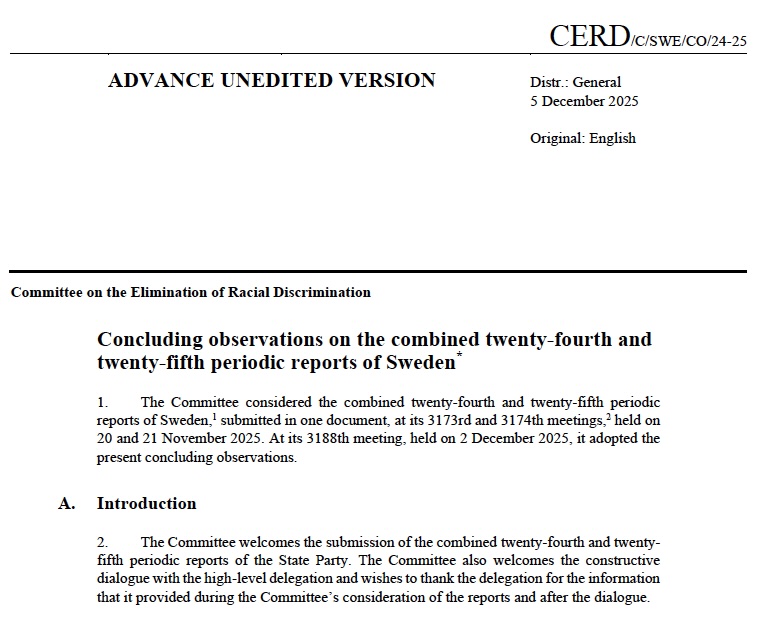 TobiasHubinette's tweet image. FN:s rasdiskrimineringskommitté CERD sågar den sittande regeringen och Tidöavtalet jäms med fotknölarna:

tobiashubinette.wordpress.com/2025/12/07/fns…

CERD slår också ned på att Sverige saknar statistik om hur det går för de olika invandrar- och minoritetsgrupperna i form av jämlikhetsdata.