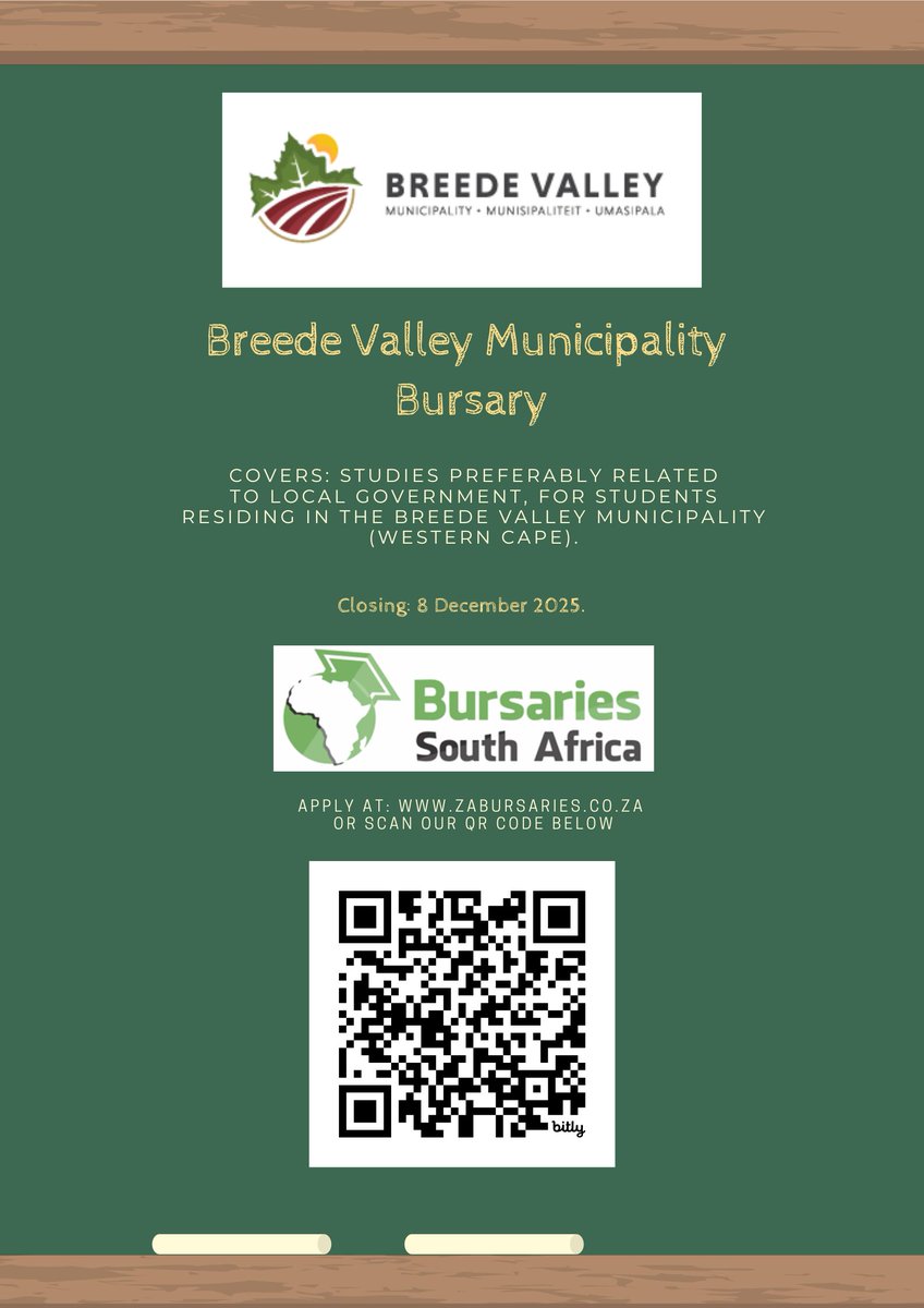 REMINDER: The Breede Valley Municipality Bursary is closing TOMORROW (8 December 2025)! APPLY HERE: bit.ly/BVMbursary

Covers: studies preferably related to local government, for students residing in the Breede Valley Municipality (Western Cape)

#bursary