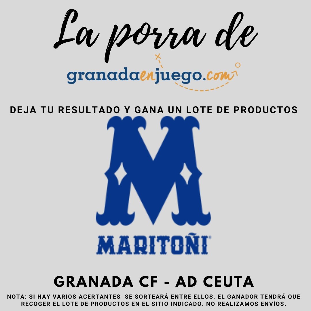 granadaenjuego's tweet photo. 🔥 ¡Participa en nuestra porra y gana! 🔥

⚽️ ¿Quién ganará el partido Granada CF 🆚️ AD Ceuta? ¡Acierta el resultado y llévate un lote de productos de @Maritoni_SL! 🎁✨

👇 ¿Cómo participar?
✅ Síguenos
✅ Retuitea o comparte publicación 🔄
✅ ¡Deja sólo UN resultado https://t.co/aLPtJMhJ2I