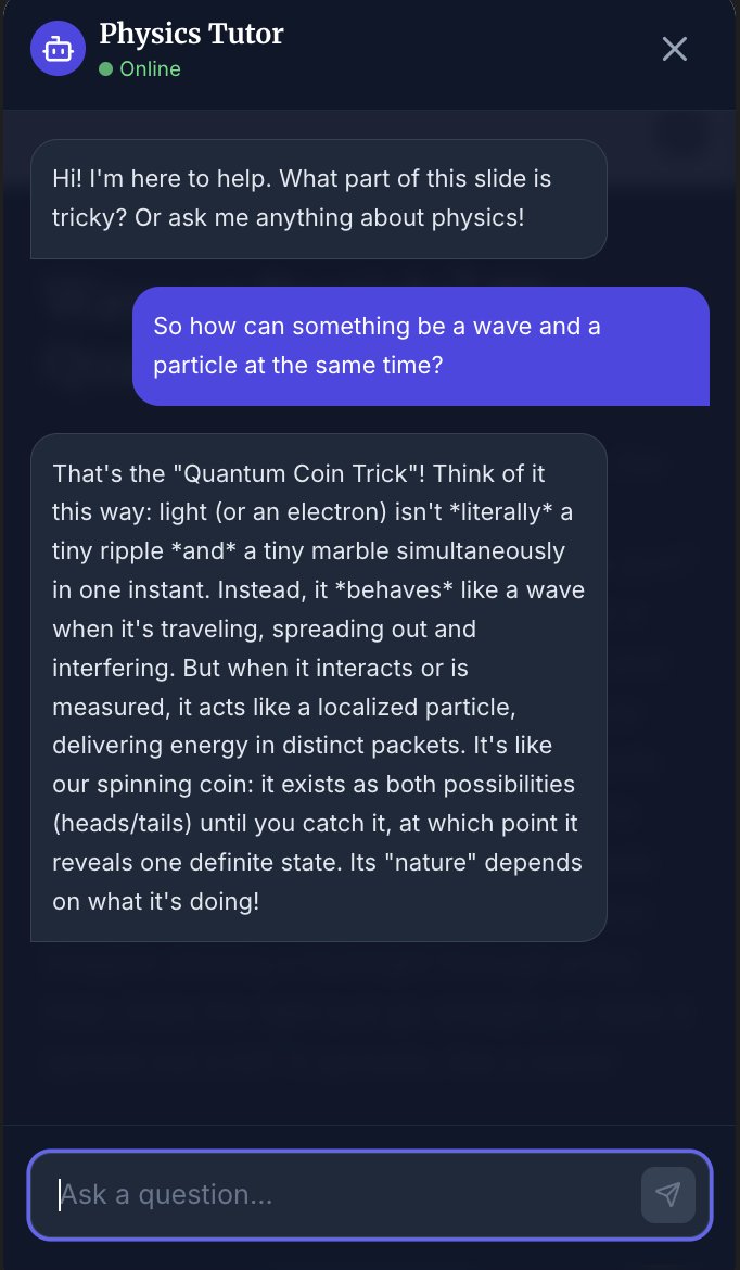 AjChakravarthy's tweet image. Here&apos;s something I vibe-coded for fun — an AI Physics tutor inspired by the Feynman Lectures.

Introducing Let’s Learn -  It breaks concepts into clean, bite-sized slides along with helpful side chat and tracks your proficiency.

Try it out: lnkd.in/gWqrftPq