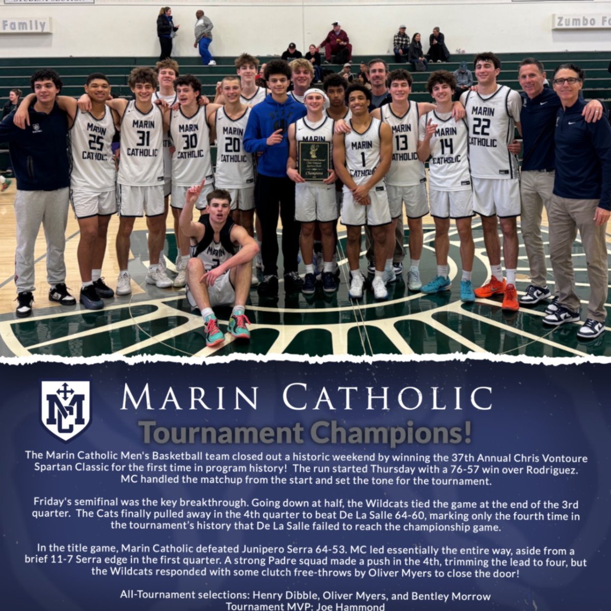 MCAthletics's tweet image. The Wildcats take home the Championship at the De La Salle Chris Vontoure Spartan Classic!
#MarinHoops
#MCAthletics #GoWildcats