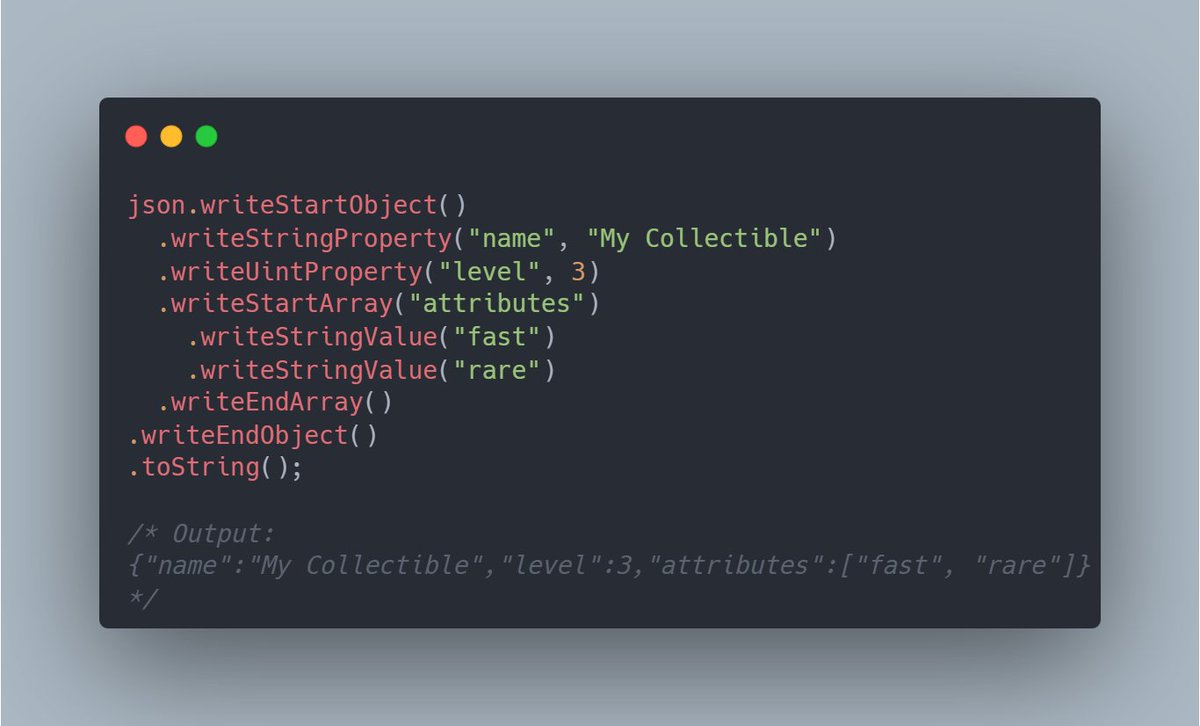 wilty_stilty's tweet image. 3/

Cleaner API

The chaining API stays nearly the same, and produces perfectly compact JSON. 

No need to be manually constructing error-prone JSON with string.concat()