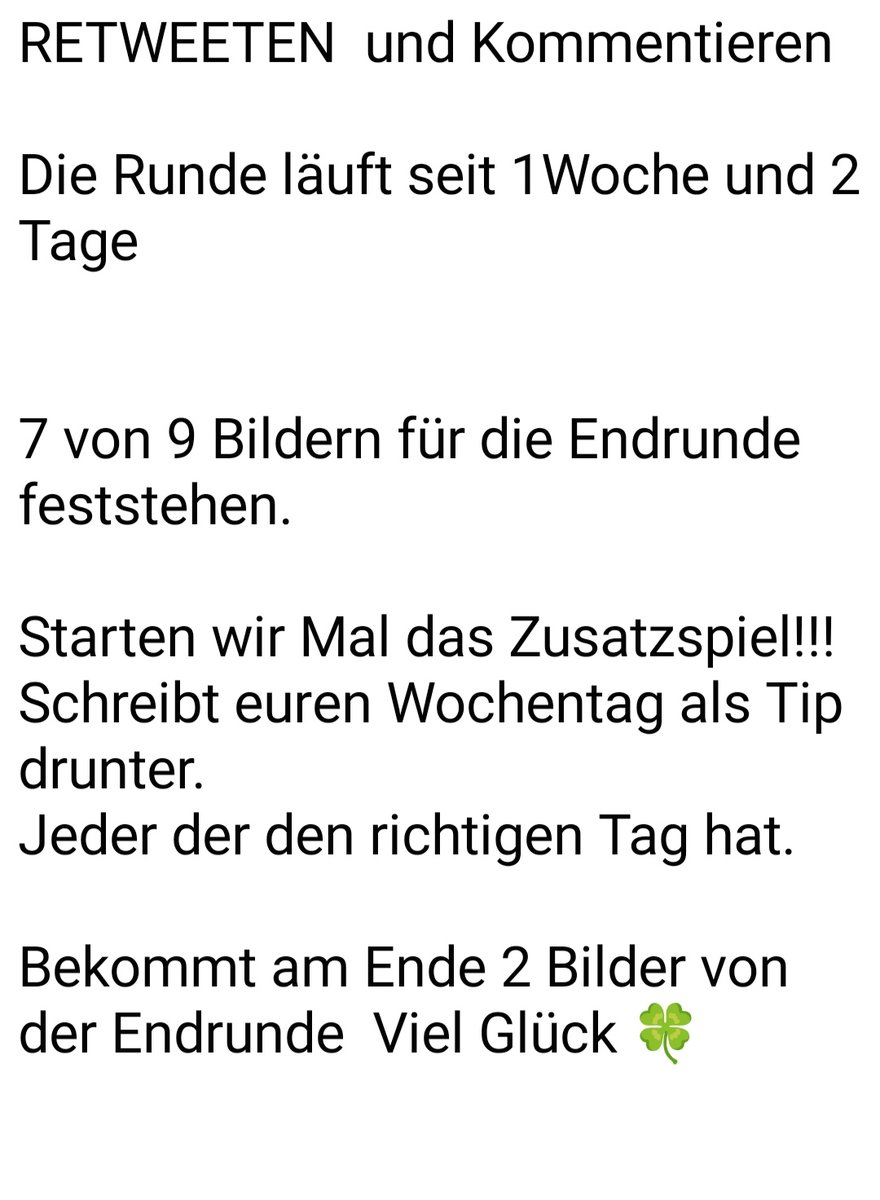 Retweeten und Kommentieren 

Die 3 führenden Bilder liegen bei 20,19 und 18x 

Viel Glück 🍀
