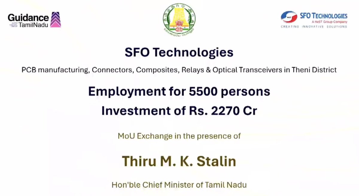 TamilNaduInfra's tweet image. TN Govt signed an MoU with SFO Technologies for an investment of ₹2270 crore, creating 5500 jobs for a PCB manufacturing, connectors, composites, relays &amp;amp; optical transceivers manufacturing unit in #Theni.

#TNRising 📈
