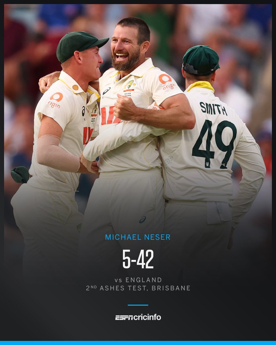 ESPNcricinfo's tweet photo. Michael Neser opened the floodgates and justified his selection over Nathan Lyon with his maiden Test five-for 🔥

#ENGvAUS #Ashes https://t.co/Mw2OqyfgiA