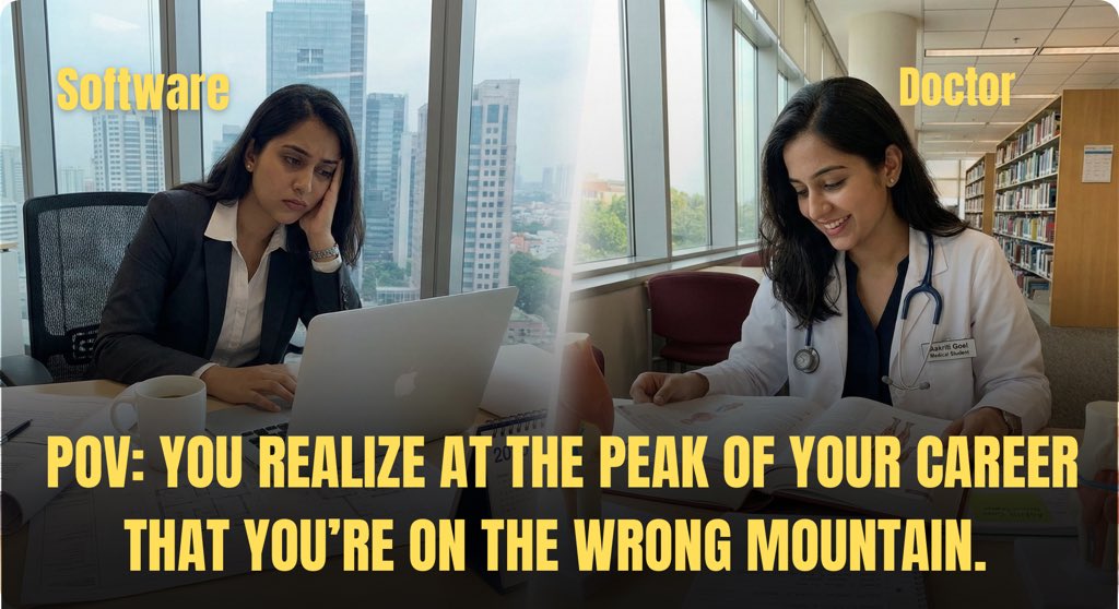 Kvenkateshhere's tweet photo. POV: You realize at the peak of your career that you’re on the wrong mountain. 🏔️
For 10 years, Aakriti Goel was a high-flying engineer. She had the title, the salary, and the stability. But inside, she felt empty. When burnout hit in 2020, https://t.co/xQyGl9pzkC