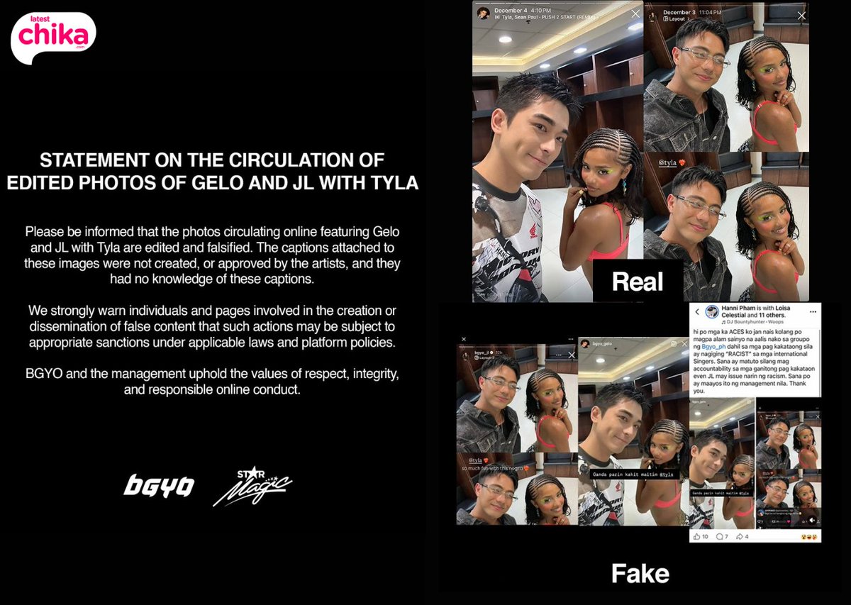 latest_chika's tweet image. REAL VS. FAKE

P-pop boy group #BGYO debunked circulating fake photos of members #Gelo and #JL with South African artist #Tyla, which were maliciously edited to label the latter as “negra” and “maitim.”
