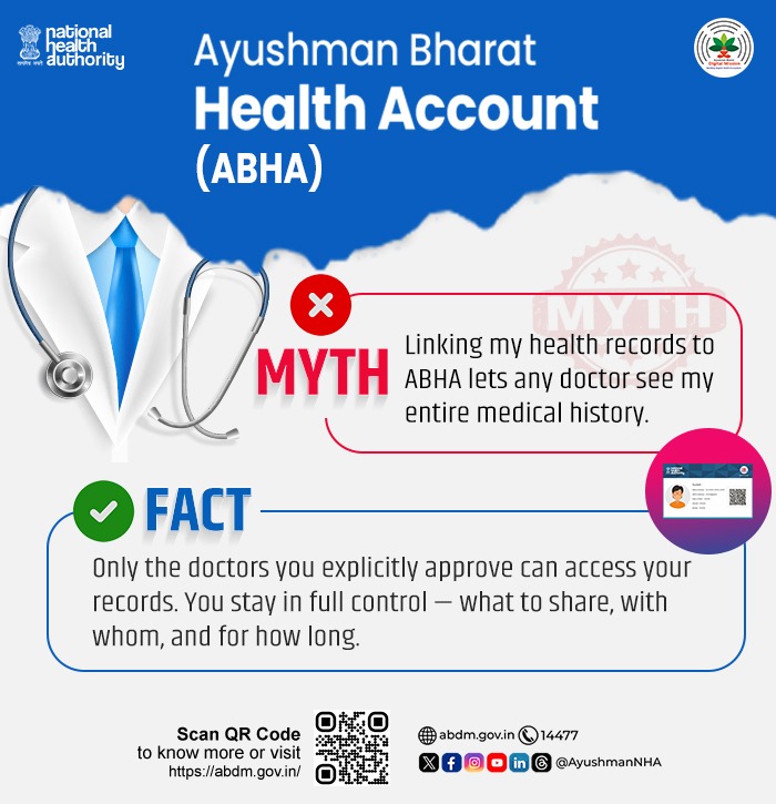 #ABHAfacts
📲Sharing your health records via ABHA is 100% consent-based
❌No consent=No access
✅Your health data stays under your control — always!
🆔Create your ABHA &amp; start managing your #healthrecords: youtu.be/54OeTgQ01yU?si…

#AyushmanBharat #ABDM #DigitalHealth #DataPrivacy