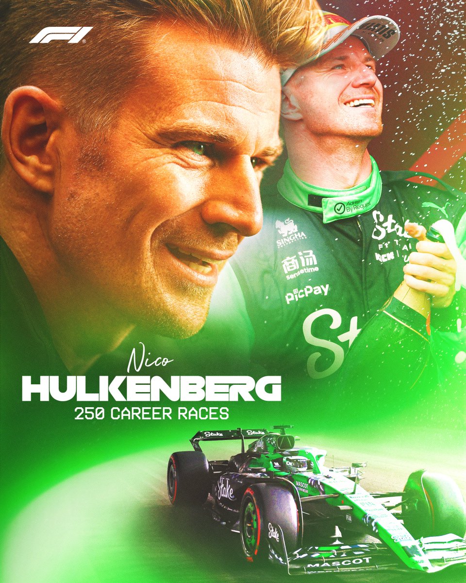 F1's tweet image. What a year it's been for @HulkHulkenberg 🤩

He scored that unforgettable podium back in July, and caps off 2025 with his 250th race start! 👏

#F1 #AbuDhabiGP