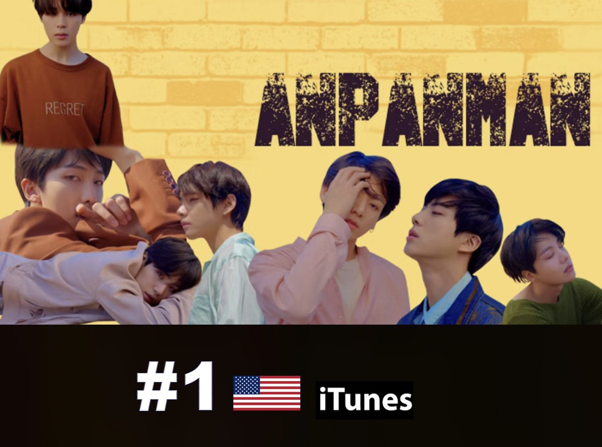 #BTS's "ANPANMAN" from the Album 'Love Yourself 轉 Tear' (2018) is N°1 on US iTunes for the first time since its release over 7 years ago and is already #1 on iTunes in 43+ countries! 💪🎶💥1⃣🇺🇸🎵➕4⃣3⃣🌎❤️‍🔥👑👑👑👑👑👑👑💜

STREAM: open.spotify.com/track/4lRwa7PK…

"Anpanman" on iTunes