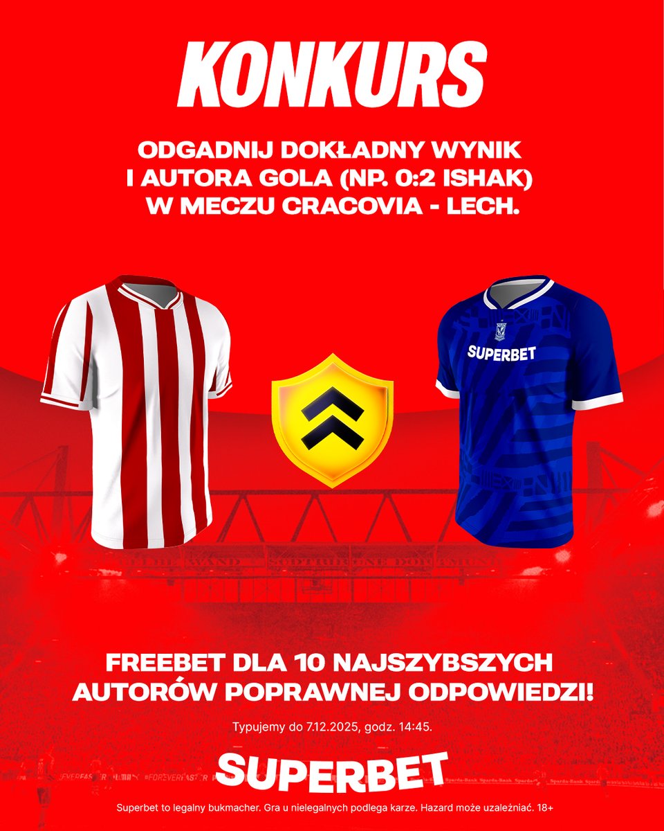 #KONKURS! Wytypuj w odpowiedziach dokładny wynik oraz autora gola ⚽️ w meczu Cracovia - Lech i zgarnij freebet! #CRALPO
--
✅ Zaobserwuj <a href="/SuperbetPL/">Superbet</a>
❤️ Polub wpis i 🔄 podaj go dalej
👤 Dodaj nick z Superbet
🎁 Nagroda = FREEBET 50 PLN
Regulamin: sprbt.pl/RegulaminSuper
