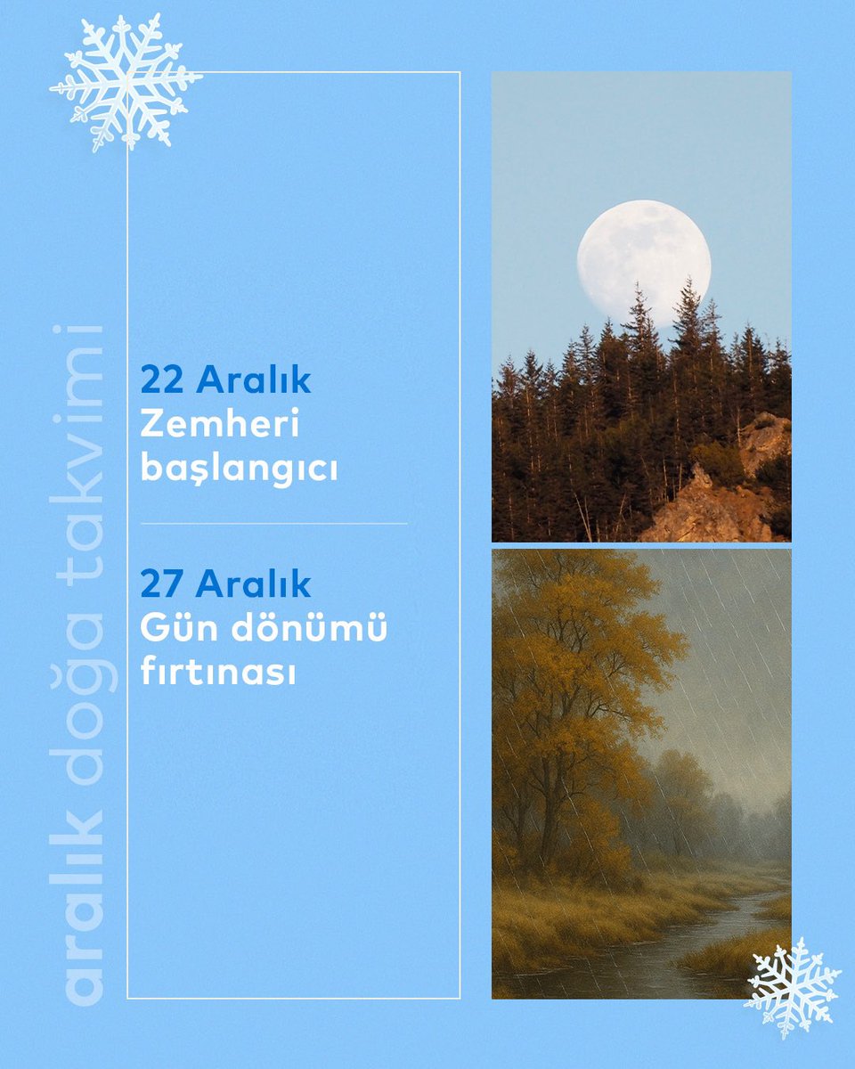 Karakış ne zaman başlıyor? En uzun gece hangisi? 🤔

Cevaplar ve çok daha fazlası Aralık Doğa Takvimimizde! 🗓️ 

Sola kaydırarak yaklaşan doğa olaylarını keşfedebilir, orman yürüyüşlerinizi bu tarihlere göre planlayabilirsiniz. ☝️

Doğa sürprizlerle dolu, peki siz kışa hazır