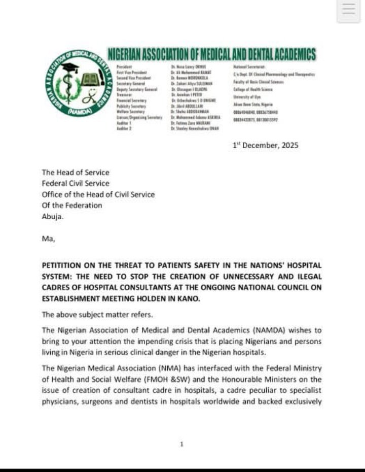 KloheCordis's tweet photo. The inferiority complex of doctors at this point is crazy

So the NMA just wrote another long letter threatening to down tools because nurses and pharmacists dare to be called “consultants” in their own fields. 

Same script they ran in 2020, same one they repeated in May 2025, and now December again. Same energy every single year like broken record.

Una no tire?
In the UK where many of you run to do MSc and PhD, consultant nurses have existed since 1999. They run clinics, prescribe, lead services, and somehow the sky never fell on patients. But here in Nigeria, the moment a nurse with 15 years experience in diabetes care wants to be recognised as a consultant in her lane, it suddenly becomes “patient safety risk” and “confusion in the ward.”

Confusion kee una there.
The only thing confused is the ego that cannot stand anybody else shining beside you. You want us to keep calling 20-year experienced nurses “senior nursing officer” while a doctor with 6 months experience automatically becomes “senior” to her. Hierarchy that only benefits one tribe. 
God forbid teamwork.If the title “consultant pharmacist” or “consultant nurse specialist” is going to kill patients, then ban it for doctors too. Or are only doctors born with the special brain that can handle big titles without confusing themselves?

We are tired. Honestly tired. Every year this same rubbish. Let people who have dedicated their lives to their professions be recognised. Stop holding the entire health sector hostage because of inferiority complex in reverse.

Nigerian doctors, una too get pride abeg. Small thing, strike. Small thing, threat. 

Heal thyselves first.
#LetNursesBreathe #ConsultantNurseIsNotYourEnemy #TeamWorkOrNothing
#letpharmacistbreath