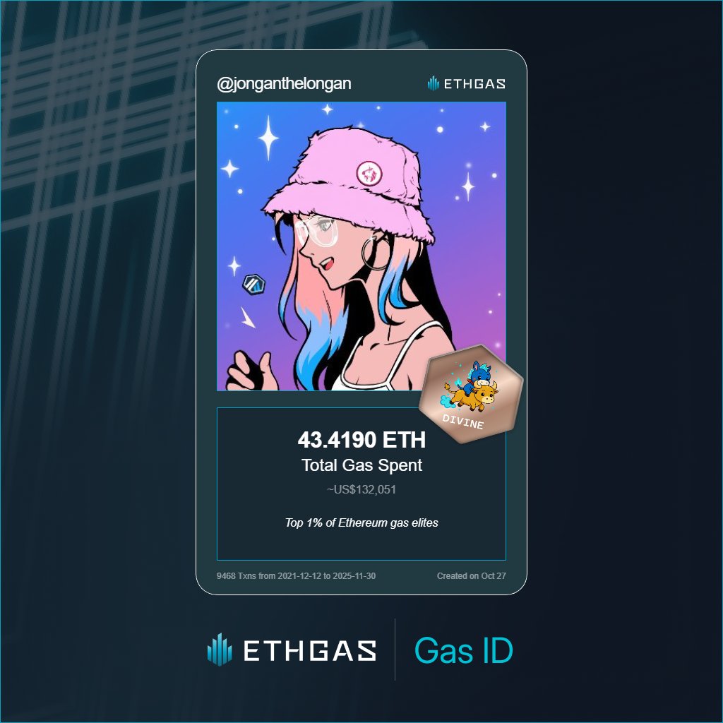 Discovered my Gas ID via ETHGas - turning my gas spend into rewards 🫘

As a Divine Jack, I've spent 43.419 ETH on gas but earned 4000 Beans back.

Get your Gas ID and Beans here: ethgas.com/community/gas-…