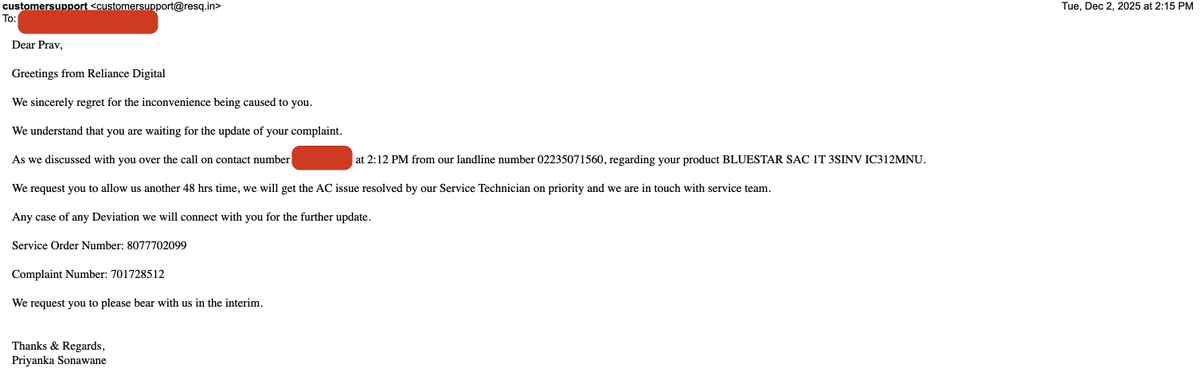 parv_kothari's tweet photo. Paid extra for
@RelianceDigital
resQ extended warranty - promised free service &amp; gas refill. Booked gas refill 27 Nov. 7+ days. No technician. Only false “72 hrs” emails. This is mis-selling. Refund my resQ plan NOW.
@RelianceResQ
@reliancegroup
@jagograhakjago
#ConsumerRights https://t.co/nw1rflSJgJ