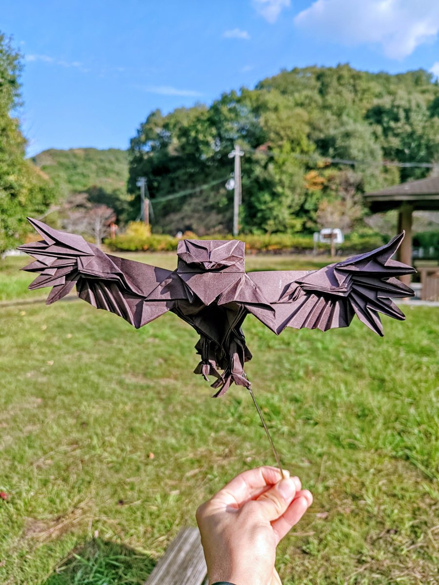 #超絶のおりがみ 
勝田恭平さん創作
「フクロウ」
paper 50センチビオトープ
翼がリアルで美しい作品✨
この段折りの作業が大変だったが、できてくると面白い！
#フクロウ #折り紙 #勝田恭平さん 
#折り紙作品