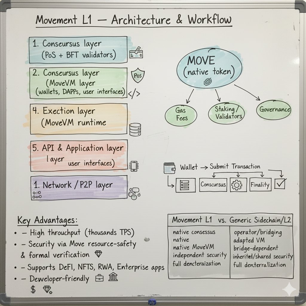 Movement L1 is a native Layer-1 blockchain, with its own consensus and validators not a sidechain or L2.

It runs the MoveVM natively, smart contracts written in Move execute directly, no translation layer.